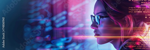 Futuristic Woman with Digital Interface. Side profile of a woman with digital code and neon lights.