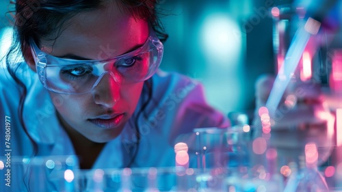 Futuristic Science Research in Neon Light. A female scientist carefully examines a sample in a futuristic lab with vivid neon lighting.