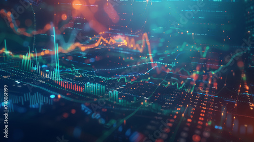 vibrant display of financial data analytics, with various types of graphs and numerical data overlaid on a digital interface or motherboard