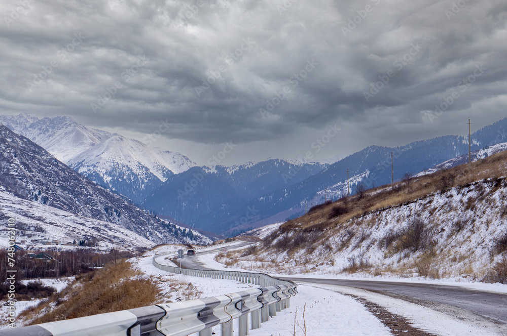 Winter landscape on a mountain road.
