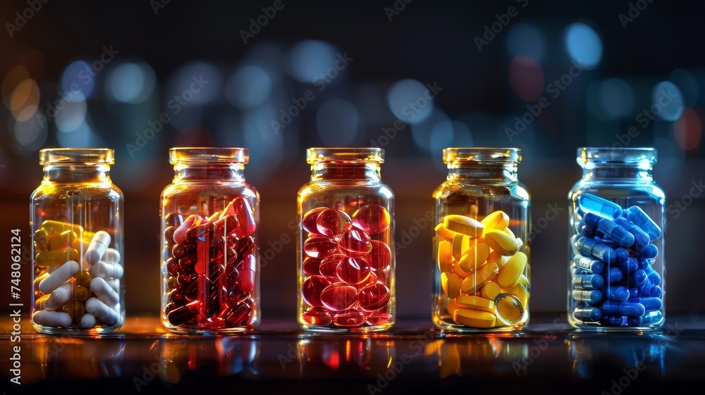 Colorful Medication in Glass Jars on Luminous Background. Various pills and capsules showcased in clear jars against a glowing, defocused light backdrop, the concept of modern pharmaceuticals. - obrazy, fototapety, plakaty 