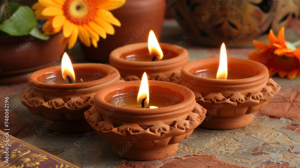 Clay diyas filled with oil and lit with a cotton wick add a warm and welcoming glow to homes and public spaces. Clay diyas filled with oil and lit with a cotton wick add a warm and welcoming glow to homes and public spaces.