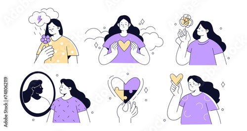 Mental health and psychotherapy concept set. Collections of character take care of mentality, learn self accepting and love yourself. Vector illustrations isolated on white background.
