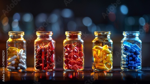 Colorful Medication in Glass Jars on Luminous Background. Various pills and capsules showcased in clear jars against a glowing, defocused light backdrop, the concept of modern pharmaceuticals. photo