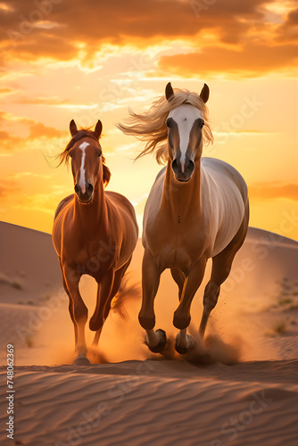 Captivating Snapshot: Graceful Arabian Horses Galloping Free in the Wilderness Under a Crimson Skyline
