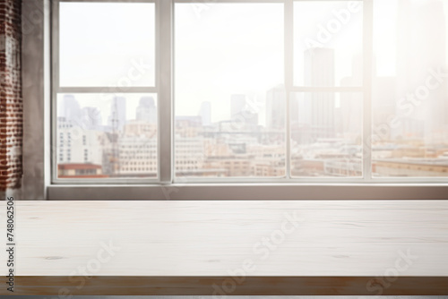 Empty wooden table in front of the window with city view. Mock up. For product display montage.