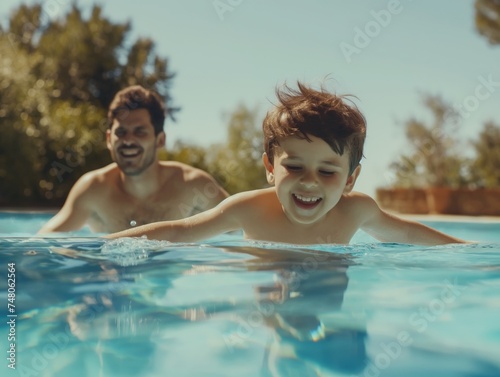 Dad with young son in the pool swimming