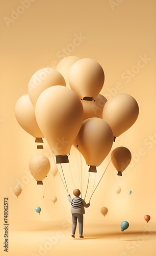 Graphic air balloons painted on beige background. Design for wallpaper, wall mural, card, postcard, photo wallpaper, Generative AI