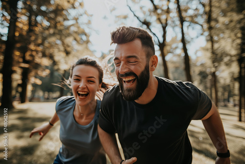A man and a woman are smiling and running happily in the park