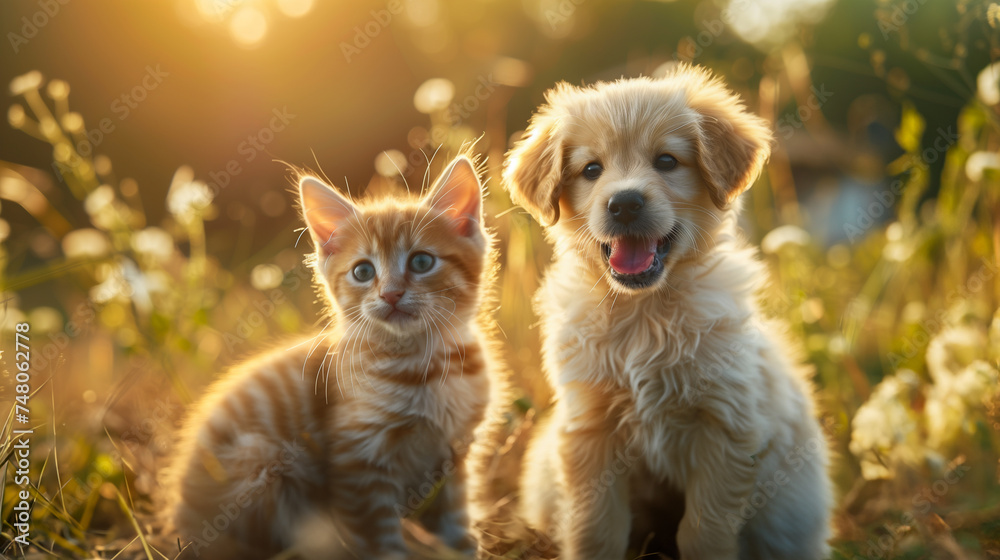 Cute pets in a vibrant, sunny field, dynamic action shot. 