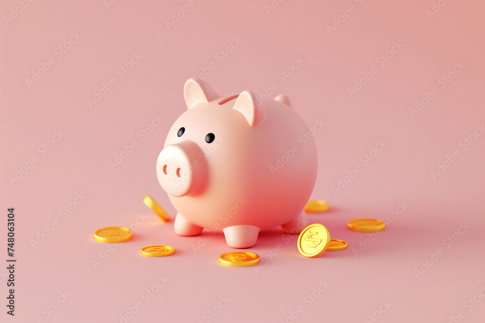 Piggy bank with golden coins 3d render on pastel background. Saving money, savings, finance and money deposit concept, cartoon minimal style. Banking, investment, earnings, saving and investing money Piggy bank with golden coins 3d render on pastel background. Saving money, savings, finance and money deposit concept, cartoon minimal style. Banking, investment, earnings, saving and investing money