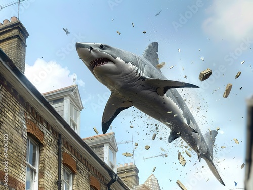 The Headington Shark crashing into a rooftop a surreal snapshot of art interrupting the everyday photo