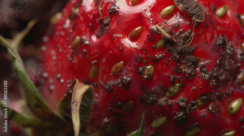 A closeup of a freshly picked strawberry still bearing traces of dirt and leaves on its bright red surface. The strawberrys natural imperfections add to its charm and hint