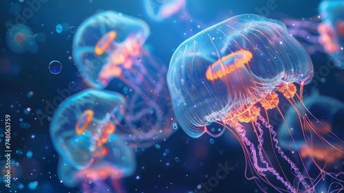 Glowing Jellyfish Constellation in Ocean Depths. A vivid display of jellyfish with neon-like radiance in the mysterious ocean depth, showcasing the beauty of marine life.