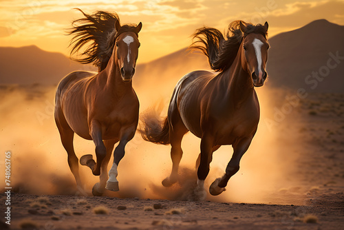 Captivating Snapshot: Graceful Arabian Horses Galloping Free in the Wilderness Under a Crimson Skyline