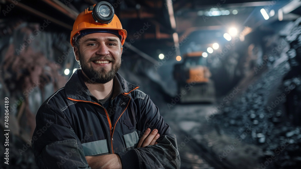 cheerful manager with armed cross in coal mining - obrazy, fototapety, plakaty 