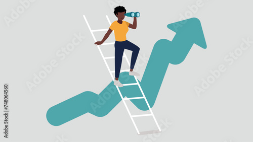 Vektor-Illustration einer Person, die auf einer Leiter steht und mit einem Fernglas in die Ferne schaut, im Hintergrund eine aufsteigende Börsenkurve - Wachstumskonzept