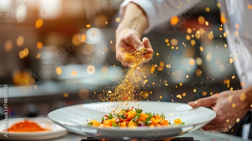 Fototapeta Naklejka Na Ścianę i Meble -  Chef sprinkling spices on dish in commercial kitchen