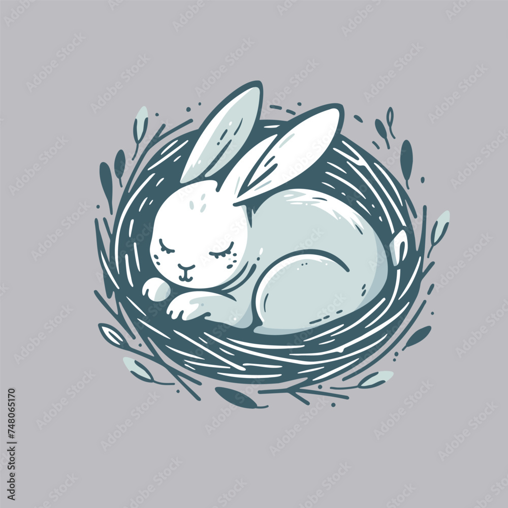 Obraz premium Cute rabbit in nest vector illustration. Perfect design element for Easter greeting card, poster, social media post, cover. 