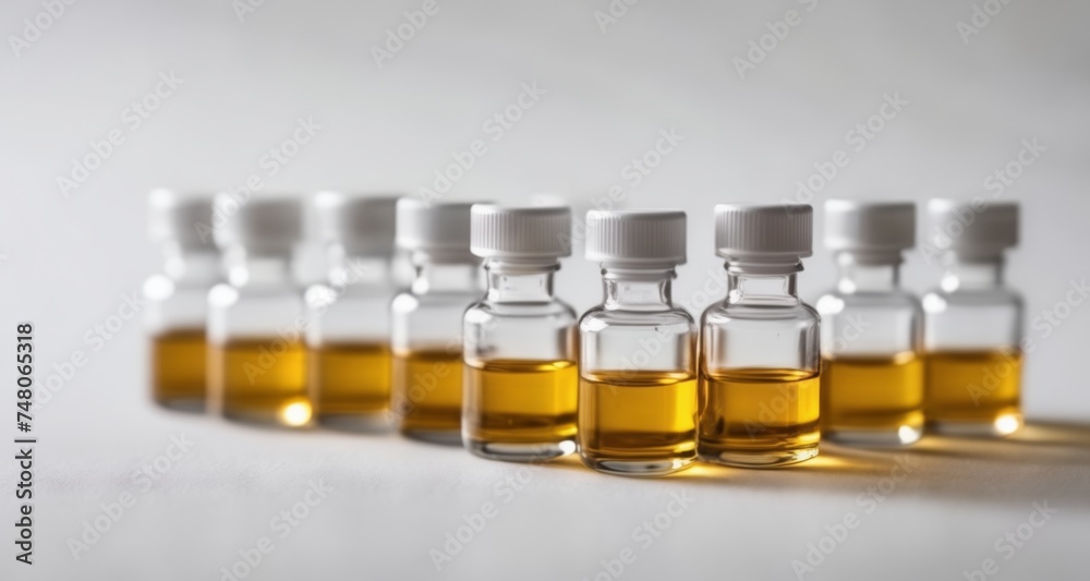 A collection of small glass bottles with yellow liquid A collection of small glass bottles with yellow liquid