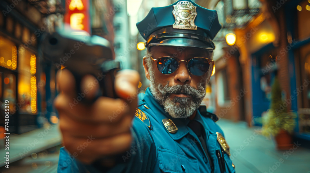 Policeman in Action: A Man Ready to Shoot with His Gun Policeman in Action: A Man Ready to Shoot with His Gun