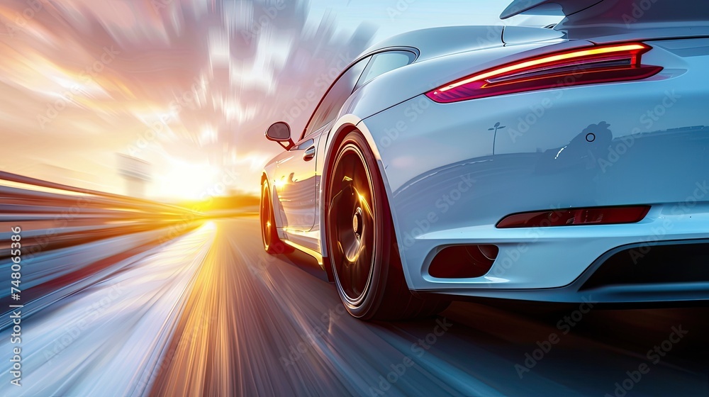 A dynamic image capturing a luxury sports car speeding towards the sunset, showcasing motion and adrenaline