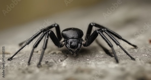 A close-up of a black spider with its legs spread out on a rock