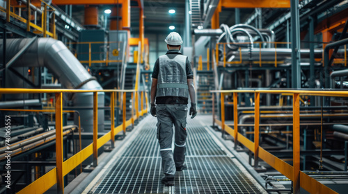 worker in a reflective safety vest and helmet is standing on a metal walkway inside an industrial plant, holding a clipboard and looking at what appears to be a monitor or control panel. photo