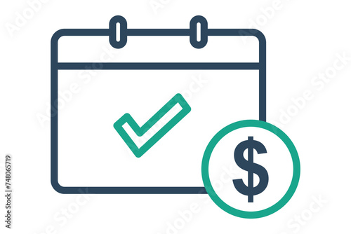 Paid time off icon. calendar with check mark and clock. representing vacation days and work-life balance. line icon style. element illustration.