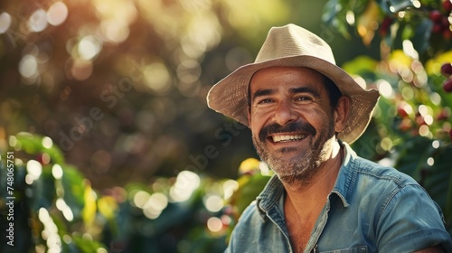 Farmer with hat, smiling in cultivated coffee field plantation.