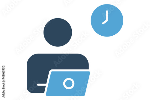 Flexible Working icon. people with laptop and clock. symbolizing adaptable schedules and remote work options. solid icon style. element illustration.
