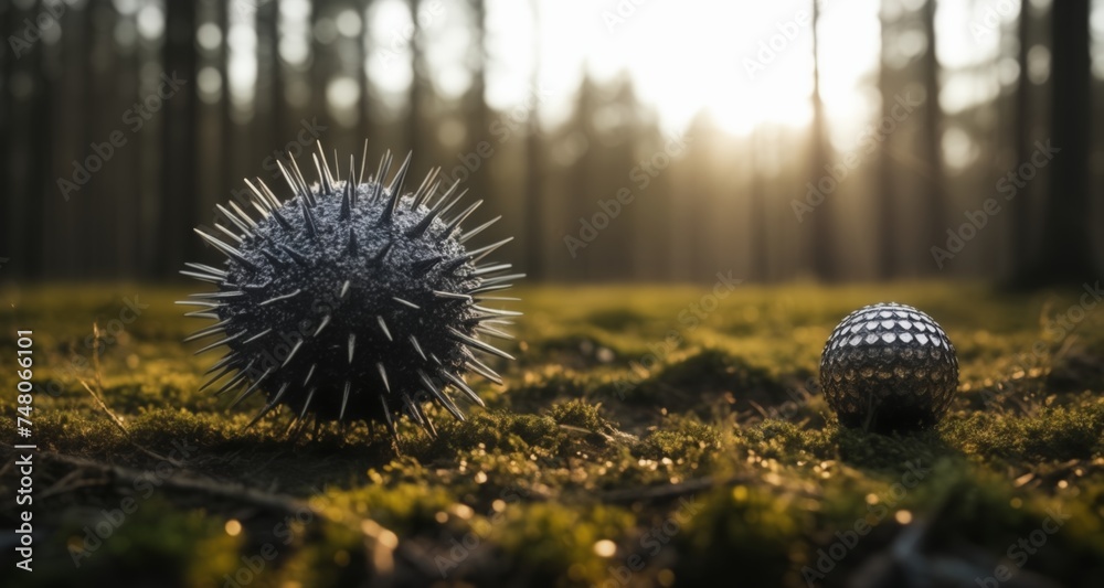  Nature's artistry - A spiky seed pod and a smooth acorn in a forest setting - obrazy, fototapety, plakaty 