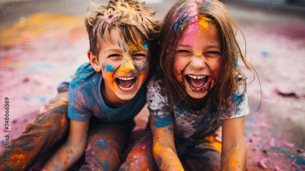 Happy kids with colorful powder on their faces.