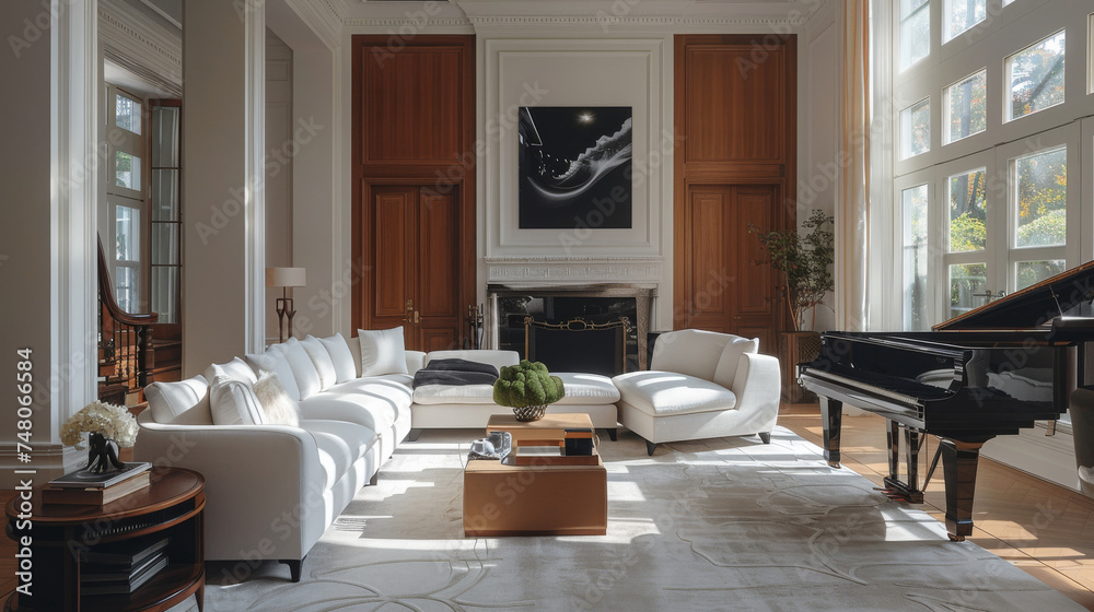 custom made wallpaper toronto digitalA spacious living room, brightly lit with a black piano