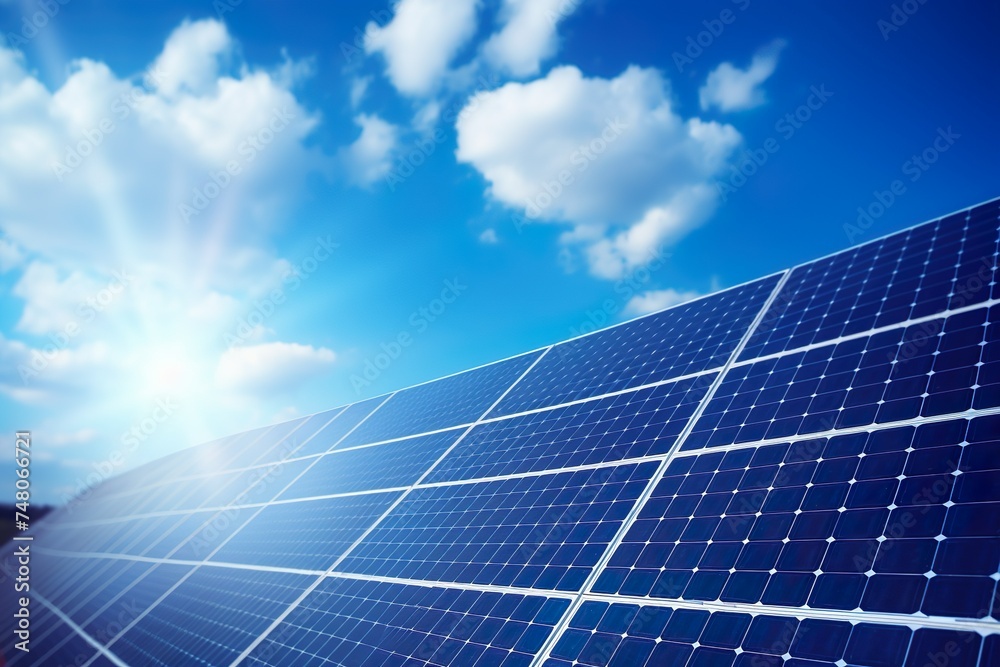 Solar panels reflect sparkling light From the sun on blue sky background, Clean energy, and good environment. Solar panels reflect sparkling light From the sun on blue sky background, Clean energy, and good environment.