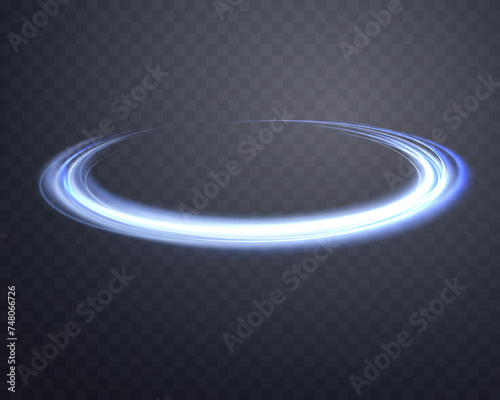 Dynamic orbital flare halo ring. Neon realistic energy swoosh swirl. Glowing blue magic rings. Abstract light effect on a dark transparent background. Vector illustration.