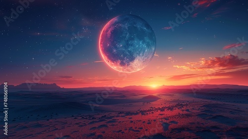 Crescent Moon and Star on Dusk Sky with Beautiful Twilight, Evening Sky background with Free Space for Writing Arabic Text, Ramadan, Eid al-Adha, Eid al-Fitr, Mubarak