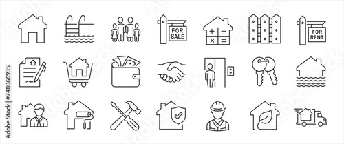 Real estate, simple minimal thin line icons. Related mortgage, building, construction. Editable stroke. Vector illustration.