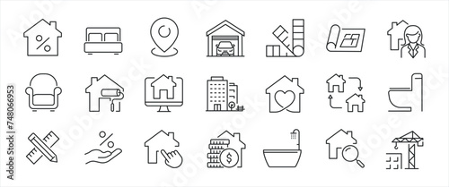 Real estate, simple minimal thin line icons. Related mortgage, building, construction. Editable stroke. Vector illustration.