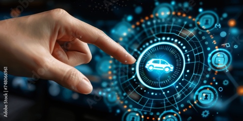 A hand presses a holographic car symbol to start an electric car, Generative AI