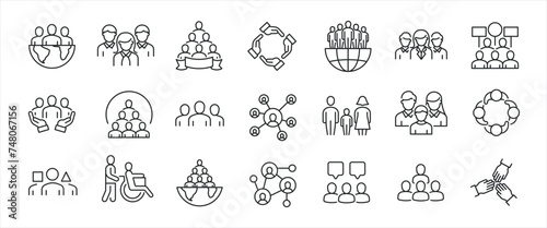 Society simple minimal thin line icons. Related teamwork, association, company, corporate. Editable stroke. Vector illustration.