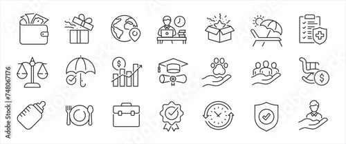 Beneftis simple minimal thin line icons. Related bonus, incentive, compensation, career. Editable stroke. Vector illustration. photo