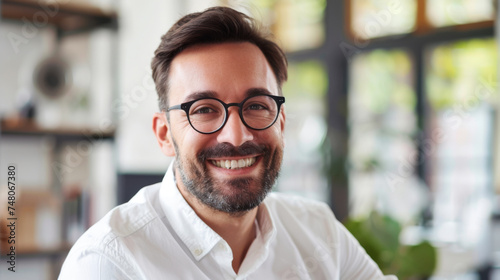 A joyful man in a white shirt and glasses is smiling warmly in an indoor setting with a blurred background.