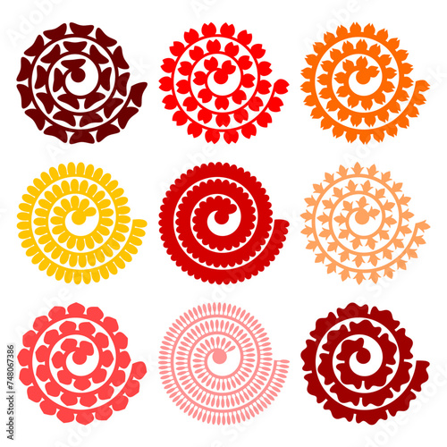 Rolled paper flower. Vector set. 3d paper cut template. Isolated on white background.
