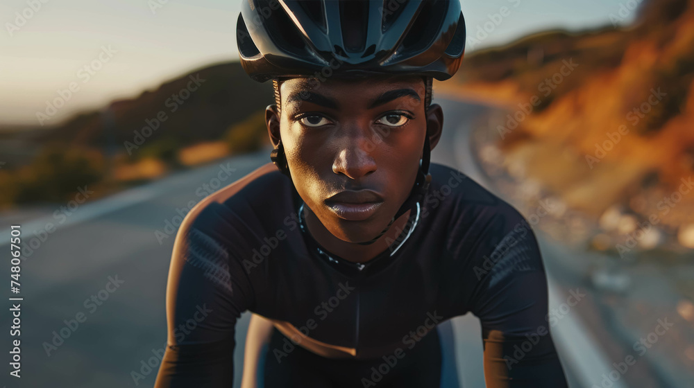 Portrait Of A Determinated Black Male Cyclist. Perseverance And Winning Attitude. Man With Bike, Male Cyclist Background Portrait Of A Determinated Black Male Cyclist. Perseverance And Winning Attitude. Man With Bike, Male Cyclist Background