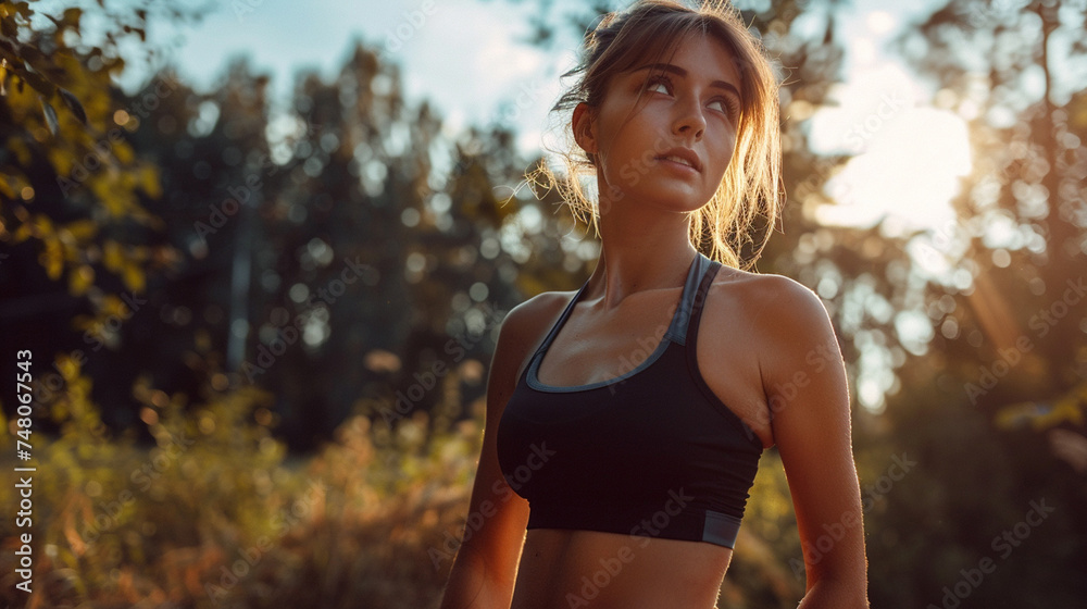 Beautiful sporty young woman in sportswear running in forest at sunset. Beautiful sporty young woman in sportswear running in forest at sunset.
