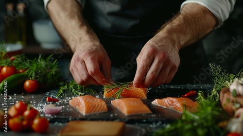 Sea cuisine, Professional cook prepares pieces of red fish, salmon, trout with vegetables.