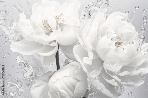 Beautiful white peony flowers with water splashes