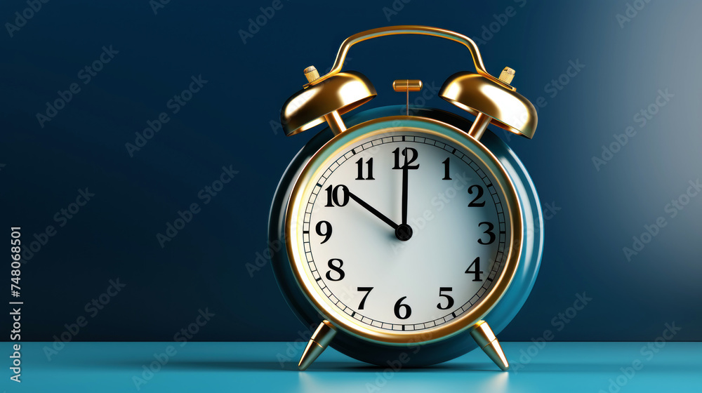 A great alarm clock in navy blue color. Minimalist design, blue background with a space for copying. Generative AI