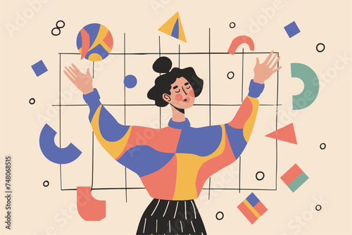 A woman juggling many different tasks. Businesswoman multitasking concept